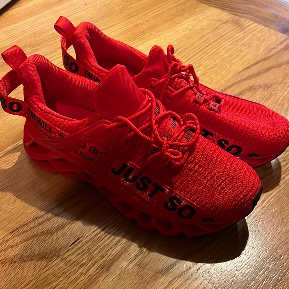 All red just do it running shoes